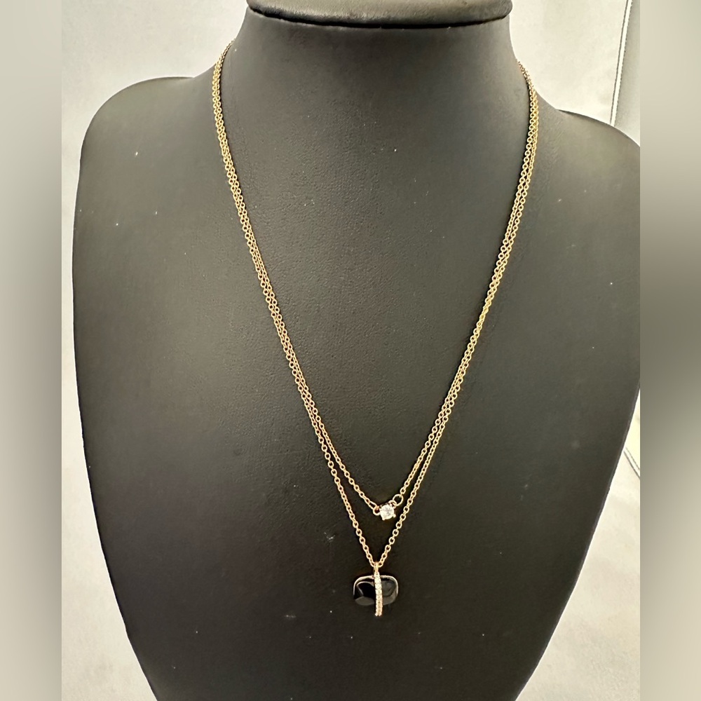 Rhodes & Co gold tone necklace with two chain strands black and clear stones